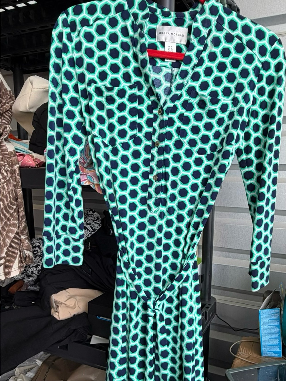 Donna Morgan Emerald & Navy Hexagon Print Long Sleeve Dress